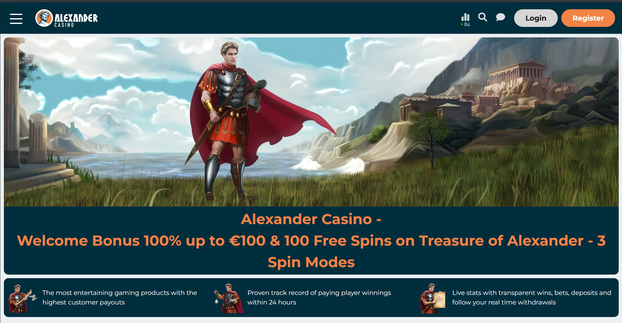 Alexander Casino — Bonus de bienvenue 100% + 100 tours gratuits