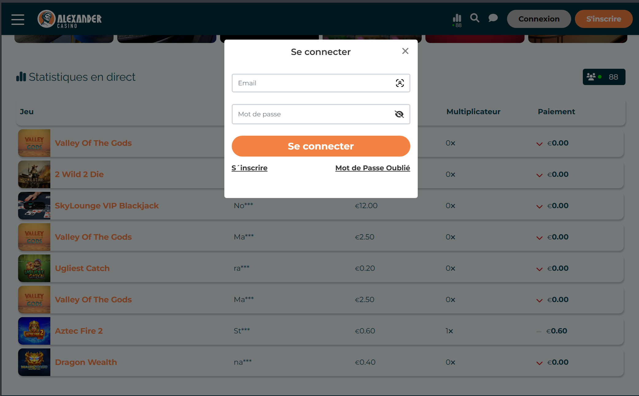 Connexion Alexander Casino interface sécurisée email mot de passe