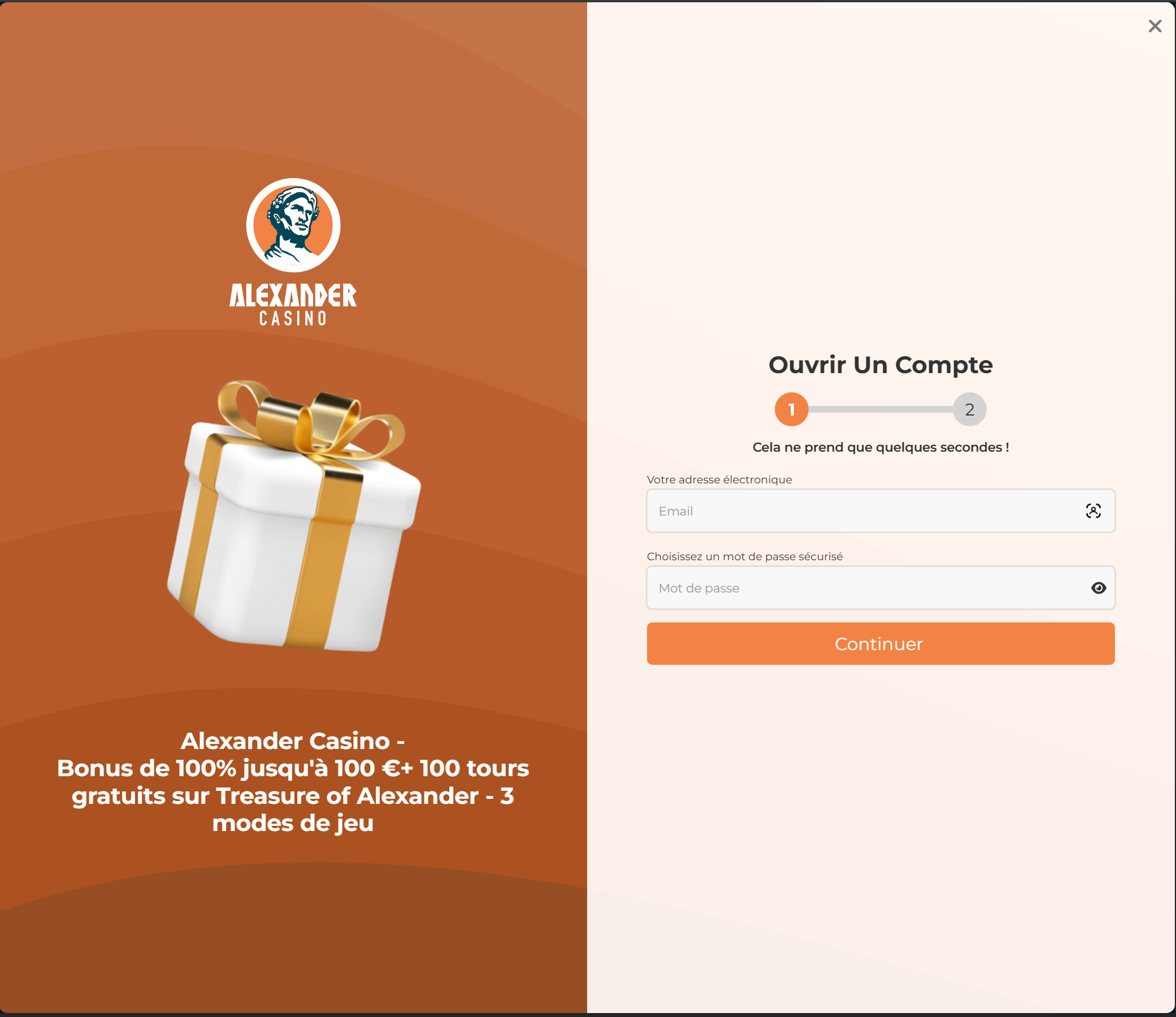Formulaire d'inscription Alexander Casino étapes email mot de passe