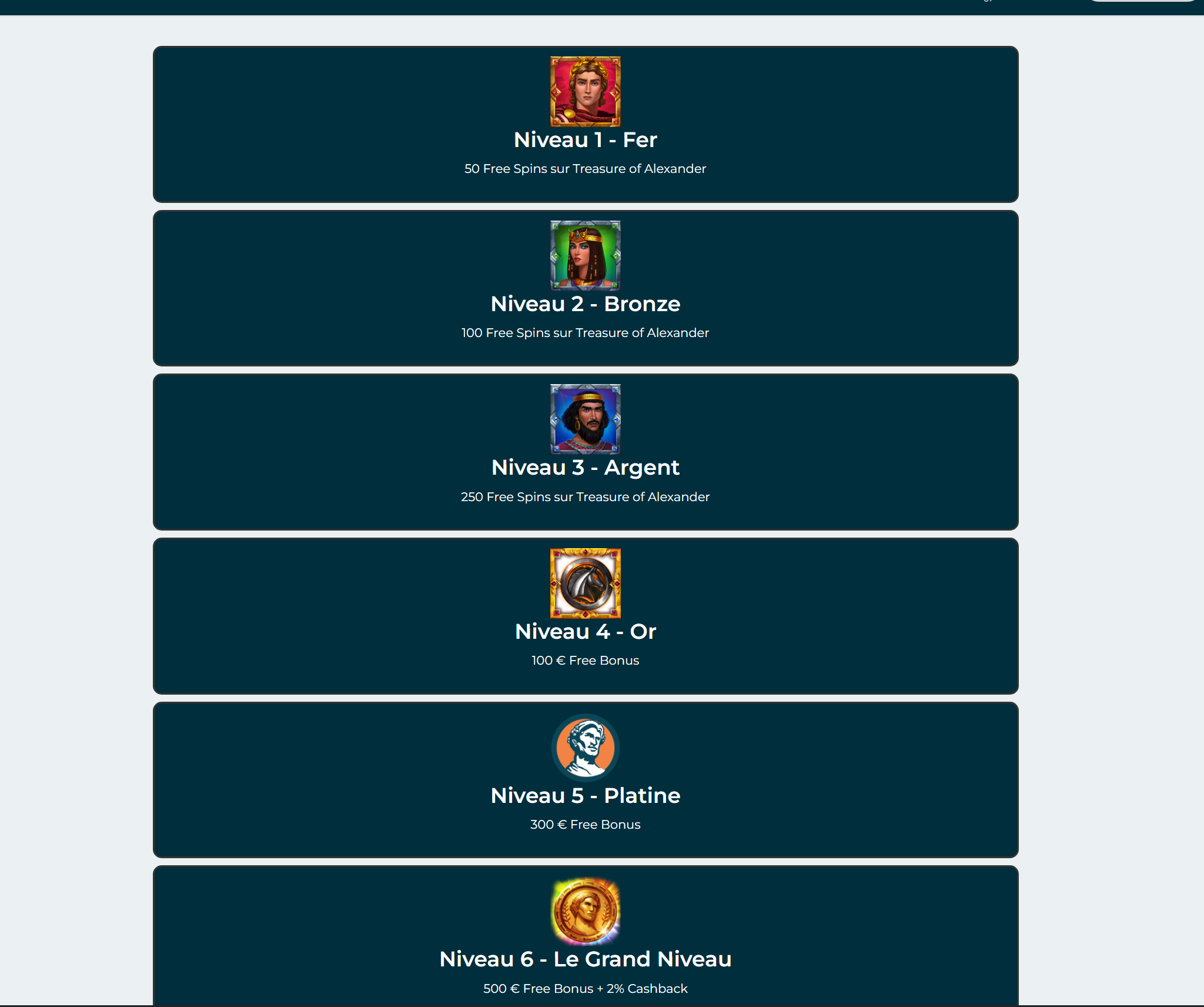 Programme VIP Alexander Casino 6 niveaux Fer Bronze Argent Or Platine Grand Niveau